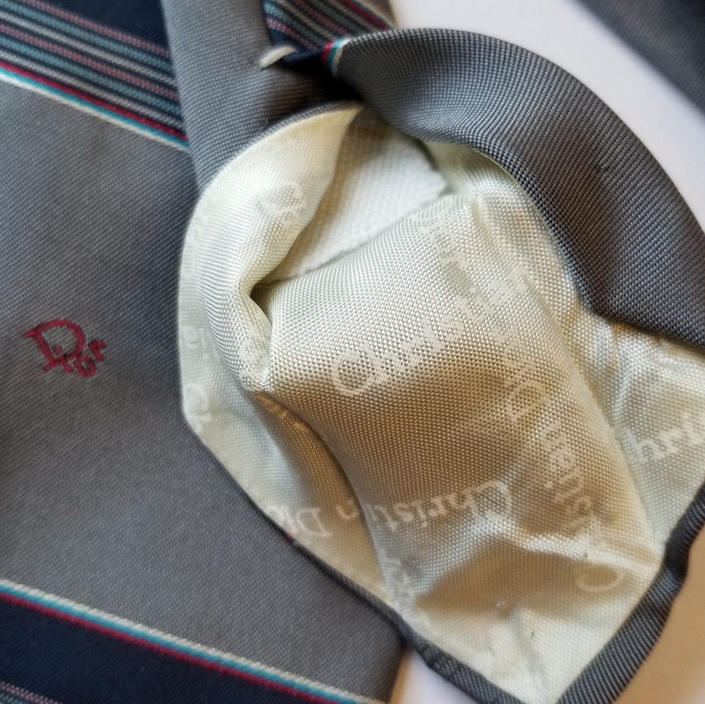 ❗1960s Christian Dior Gray Navy Striped Dress Tie❗ - Picture 3 of 5